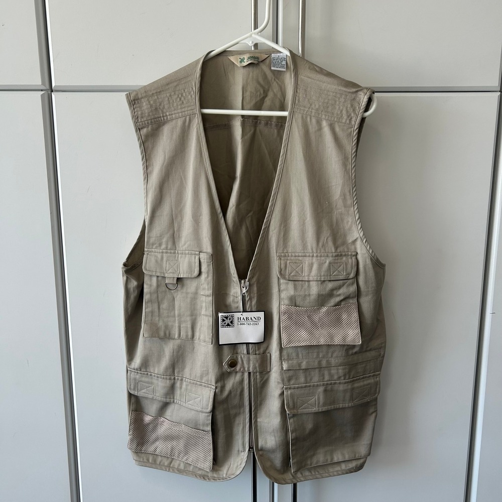 Haband Mens Utility Fishing Vest Tan Khaki Multi Pocket Zip Front Size L 383